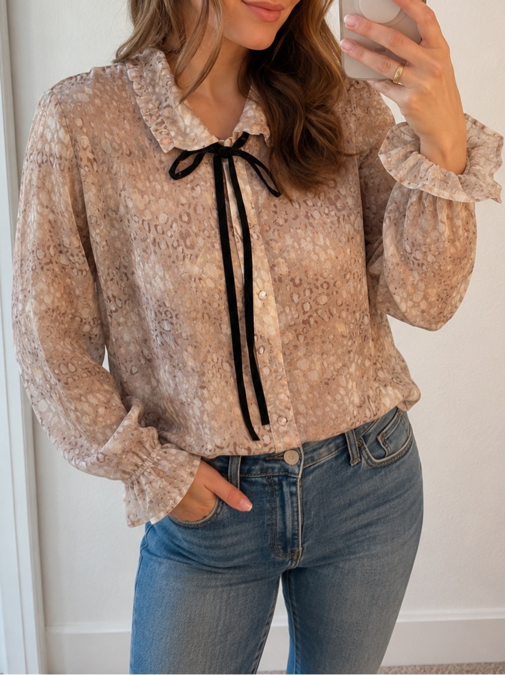 Mystree Leopard Printed Ruffle Collar Blouse with Black Ribbon | Size M | NWT
